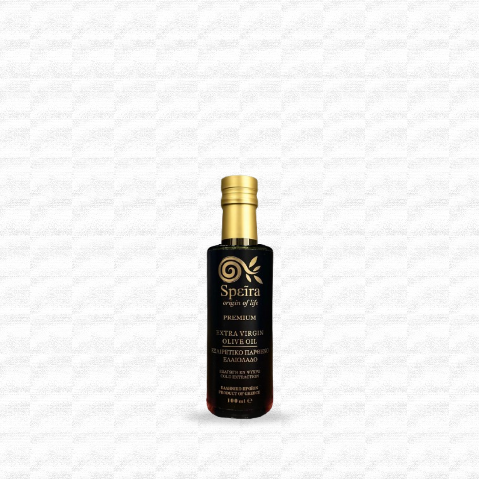 Glass bottle of Greek extra virgin olive oil with black label on white background