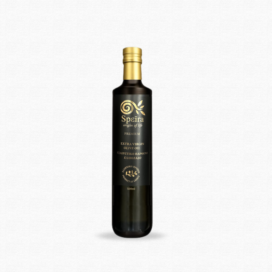 dark glass bottle with black and gild label of olive oil in a white background