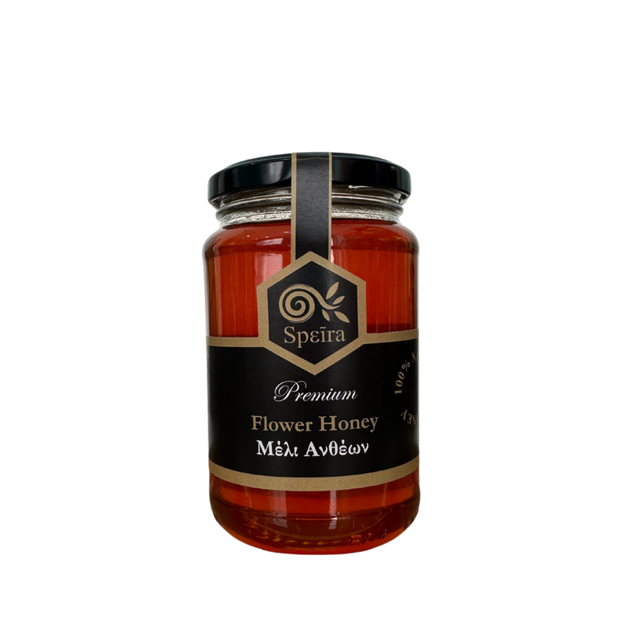 Greek flower honey in glass jar, featuring light amber color and floral aroma, ideal for tea and baking.